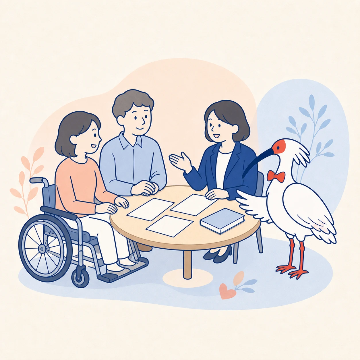 車いすを利用する方とご家族が、社会保険労務士とときがねくんに相談しているイラスト
