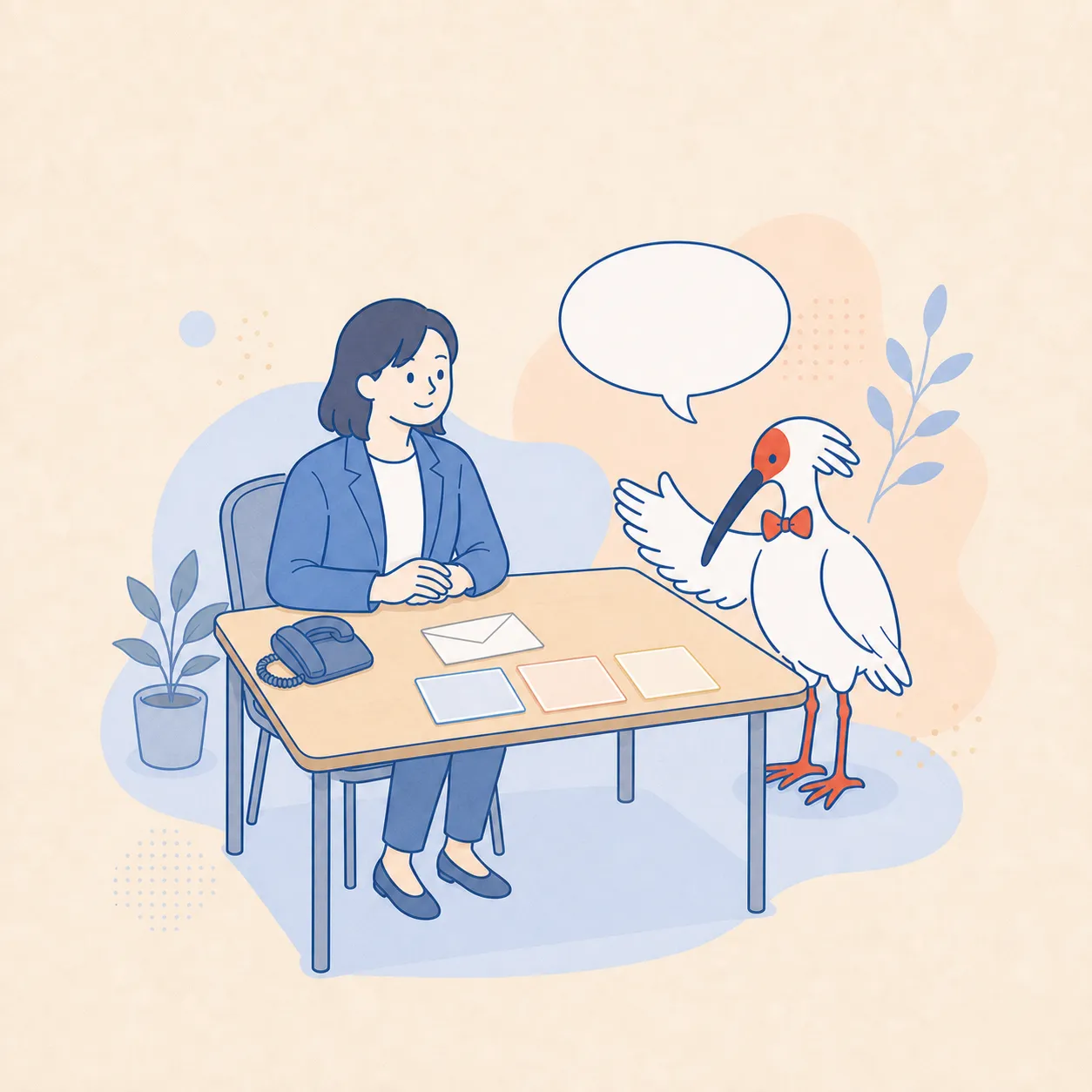 相談者と同じ机を囲み、お問い合わせ内容を一緒に整理するトキガネくん