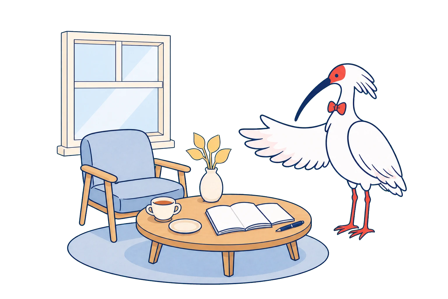 明るい窓辺の相談席でときがねくんが迎えているイラスト